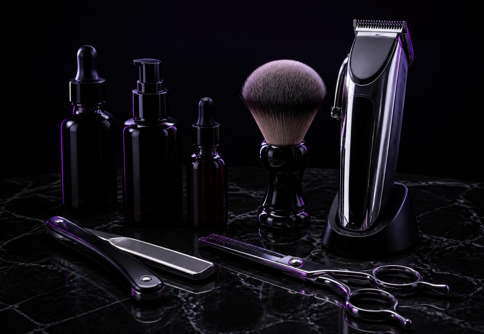 Luxury barber tools and beauty products in purple light